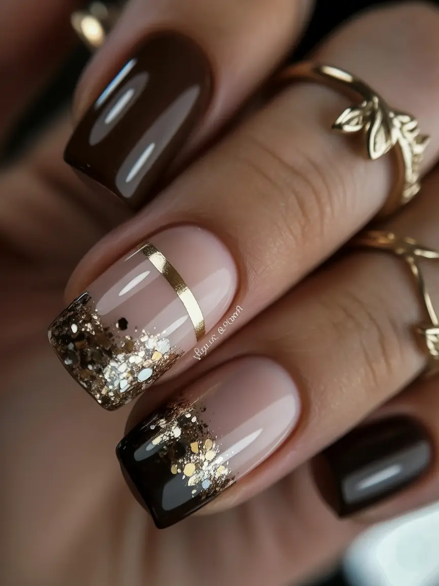 Fall Square Nails Golden Spark Accents