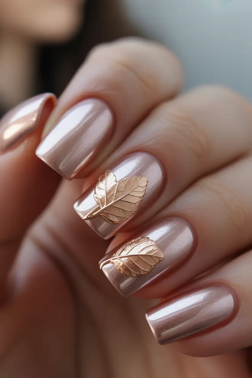 Fall Square Nails Rose Gold Leaf Luxe