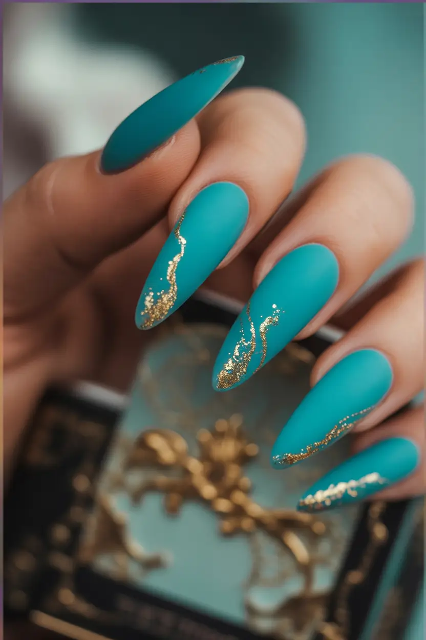 easy fall nails Teal and Gold Luxe