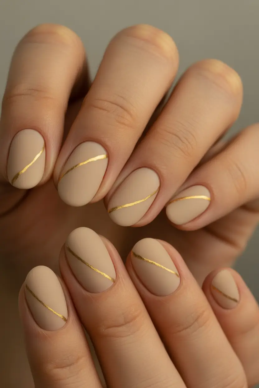 easy fall nails Matte Nude with Gold Lines