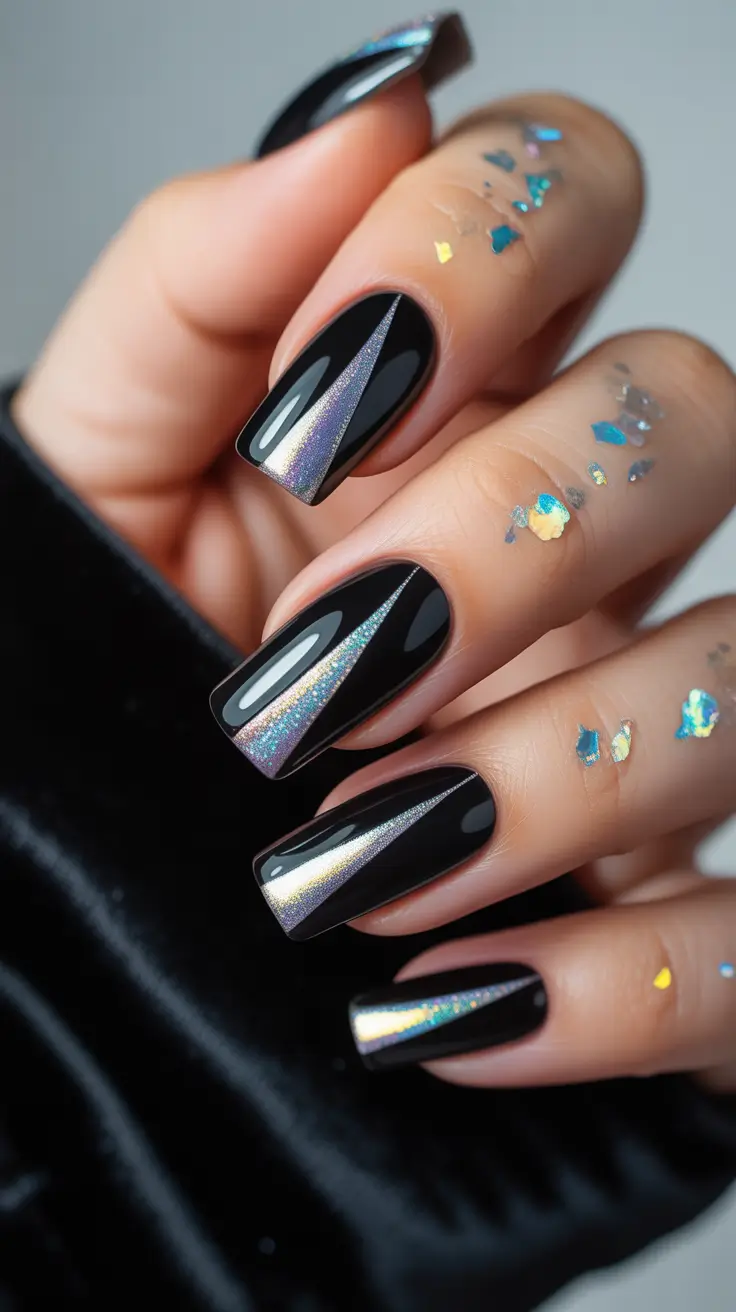 easy fall nails Black Holographic Edge