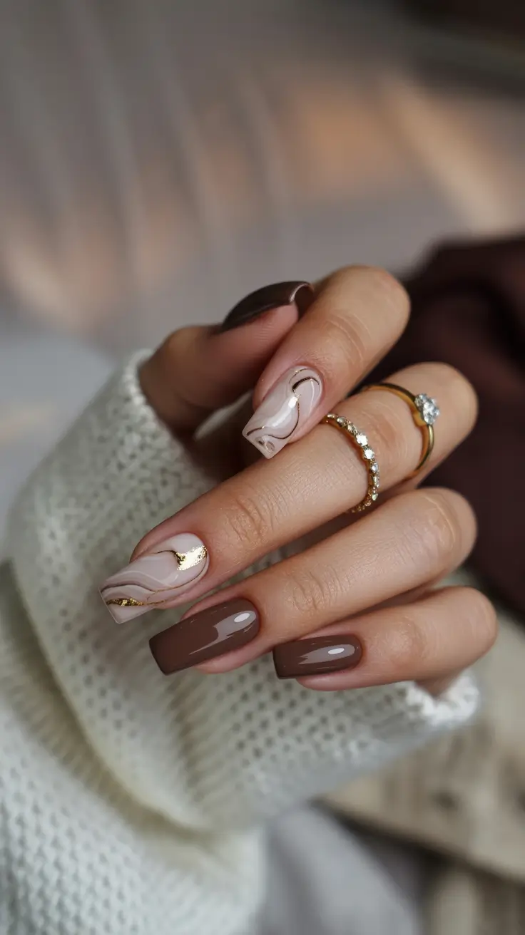 fall colors for nails Marbled Mocha with Golden Accents