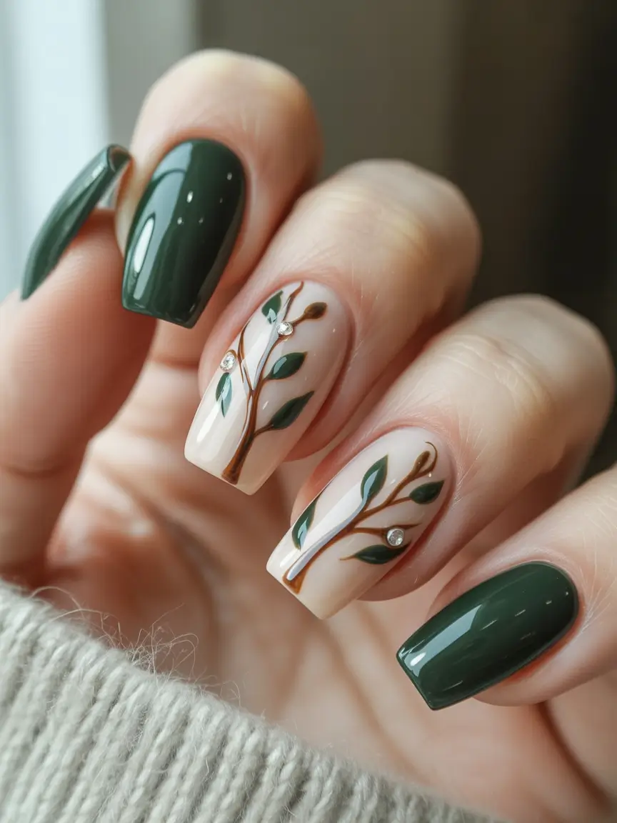fall colors for nails Forest Green with Botanical Art