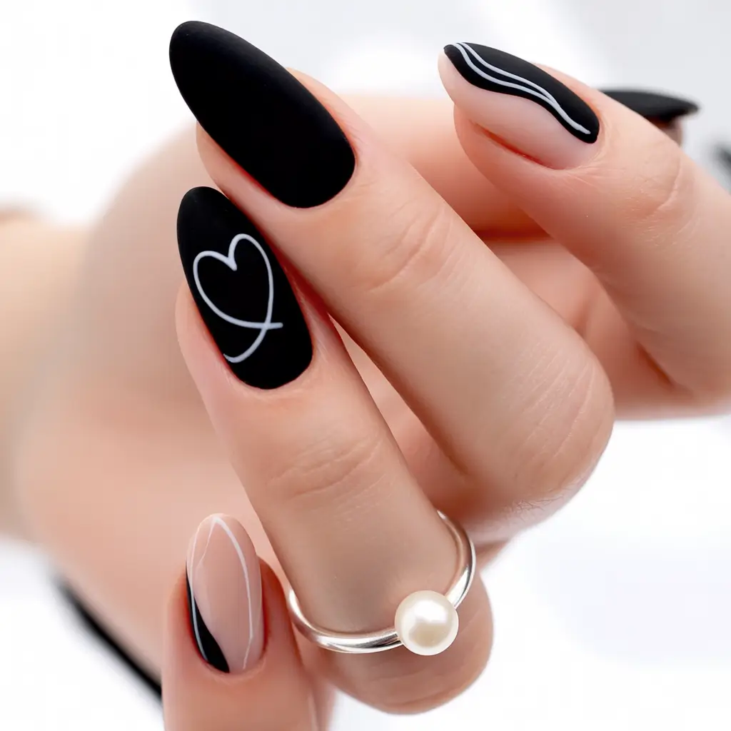 fall matte nails Chic Black & White Romance