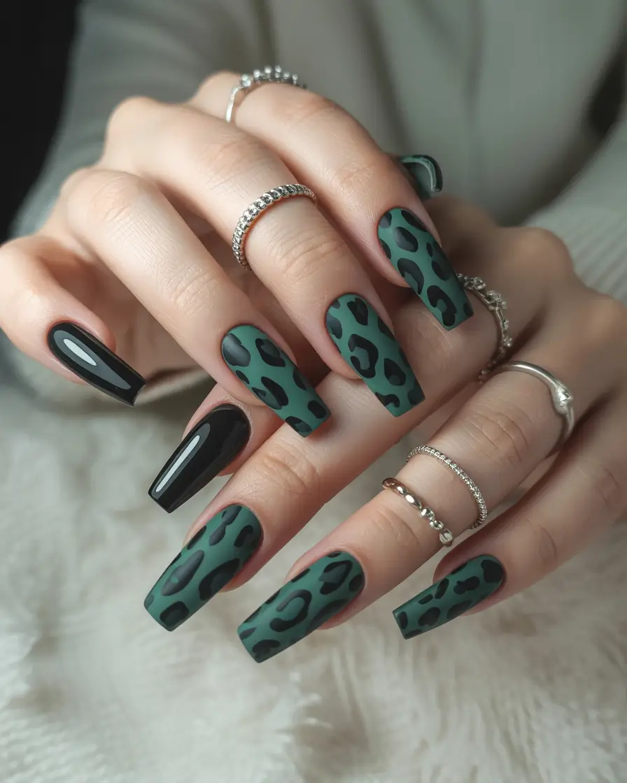 fall matte nails Emerald Leopard Boldness