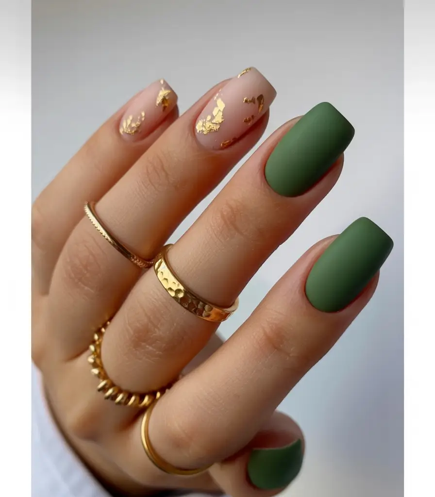 fall matte nails Forest Green & Gold Luxe