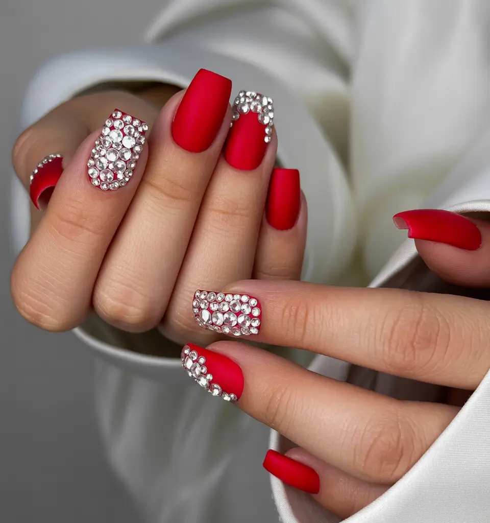 fall matte nails Crimson Glam with Crystals
