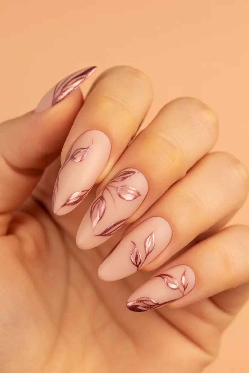 fall matte nails Rose Gold Leaf Accents