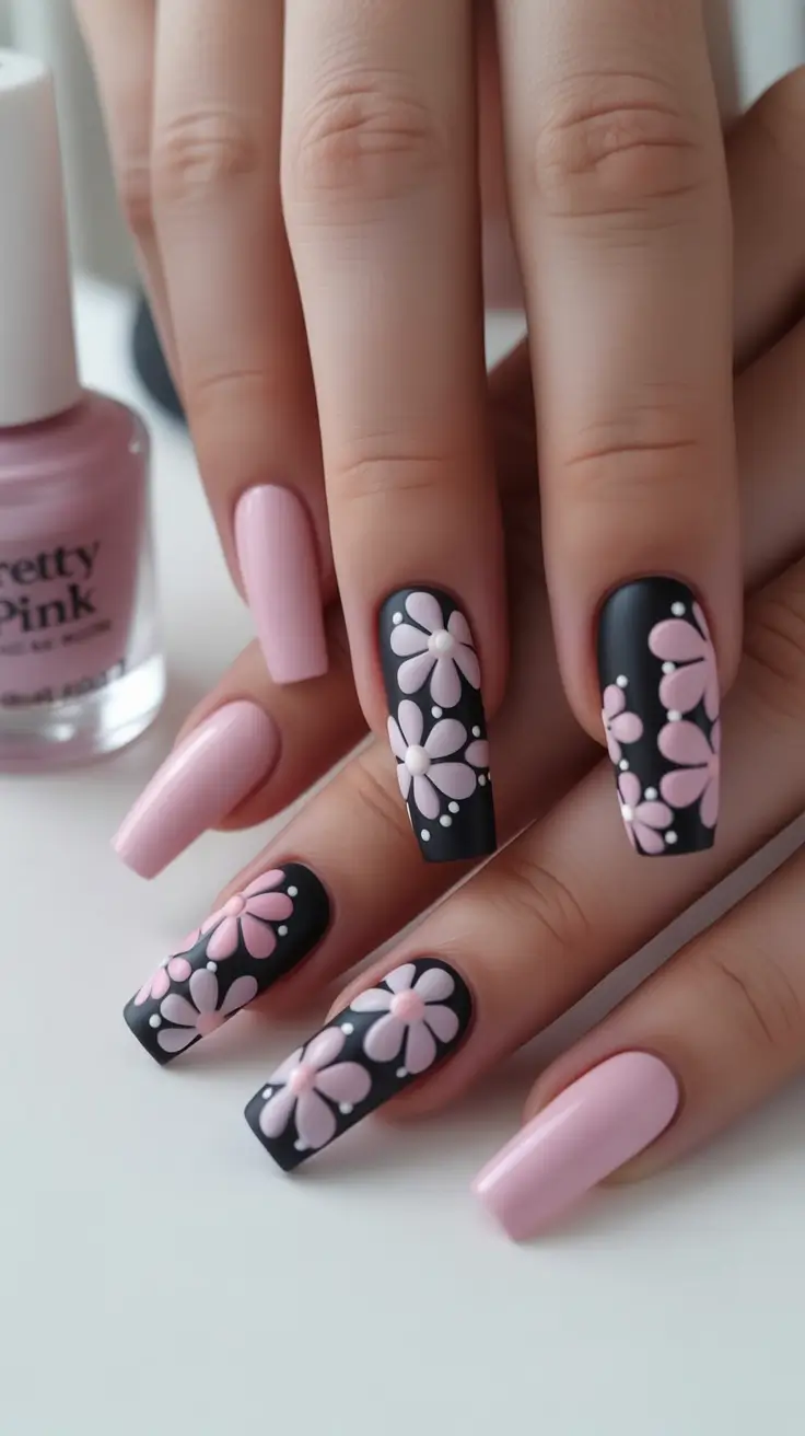 fall matte nails Playful Floral Contrast