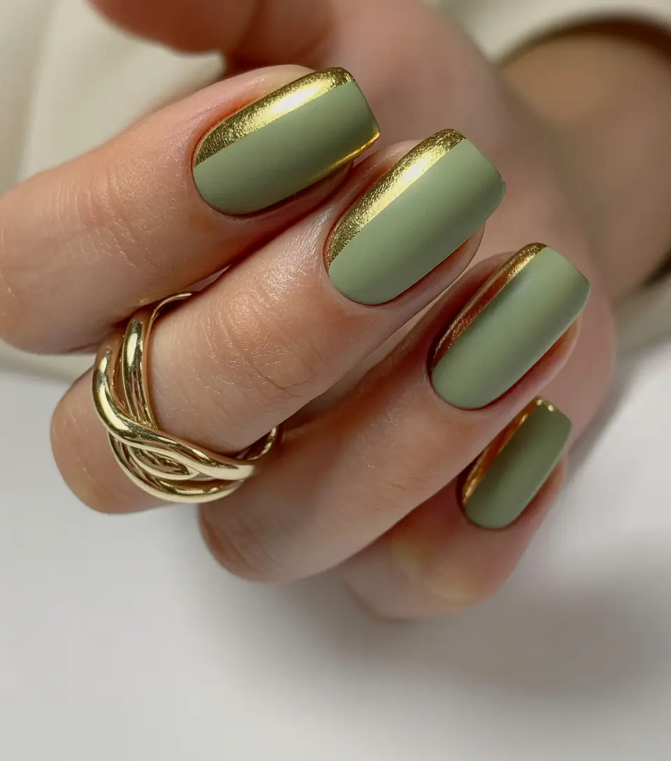 fall matte nails Golden-Tipped Green Elegance