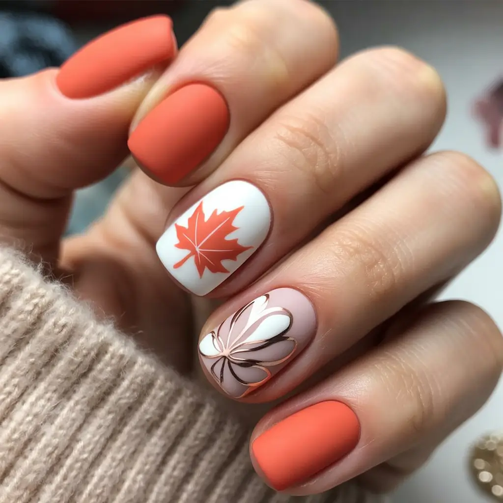 fall matte nails Golden Leaf Touch