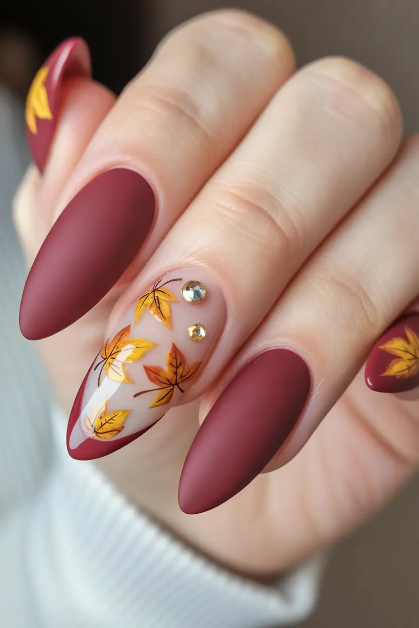 fall matte nails Burgundy Leaves Elegance