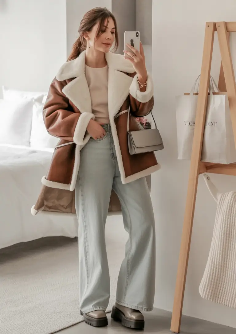 trendy winter outfits Cozy Shearling and Wide-Leg Denim