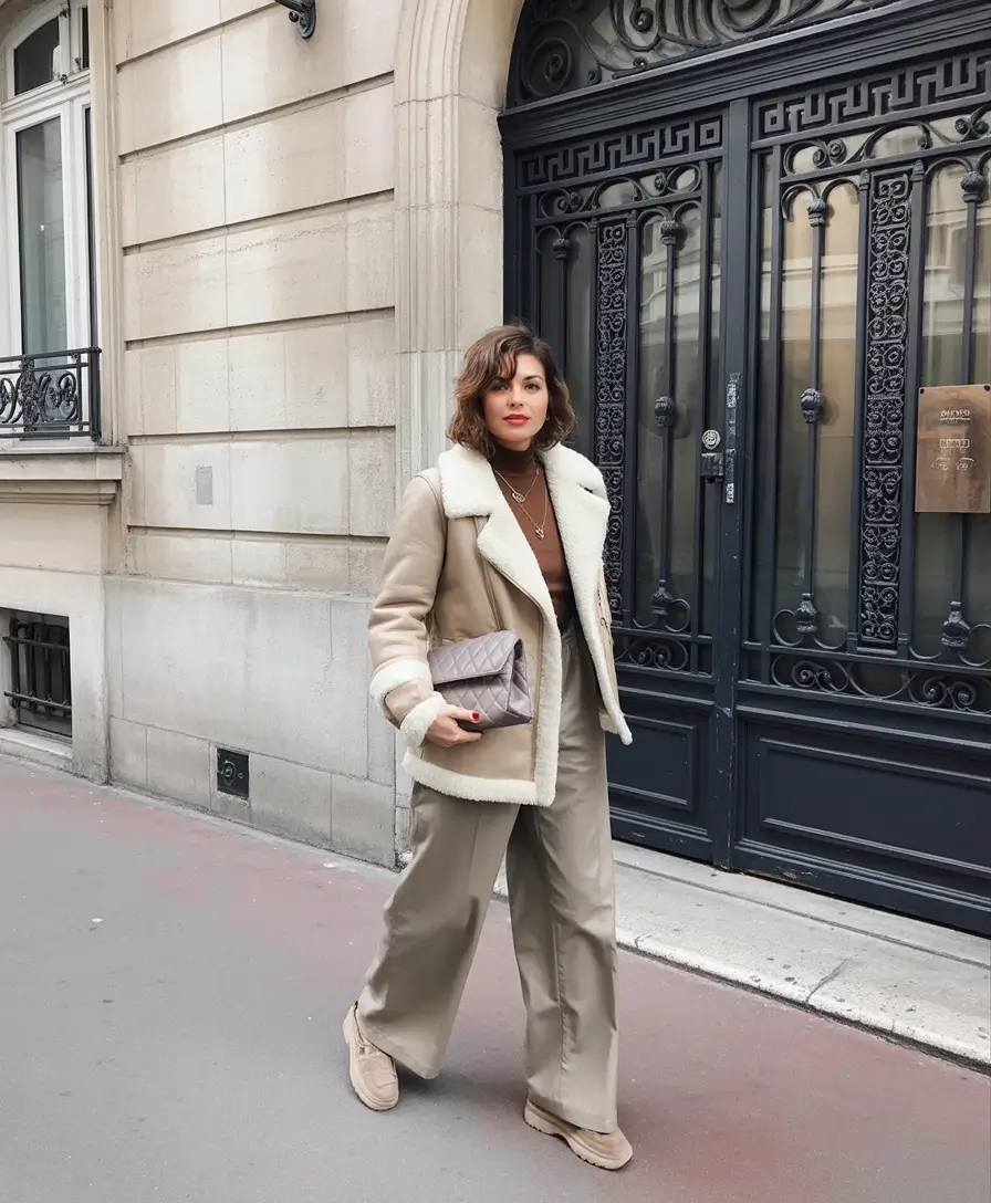 trendy winter outfits Shearling Neutral Elegance