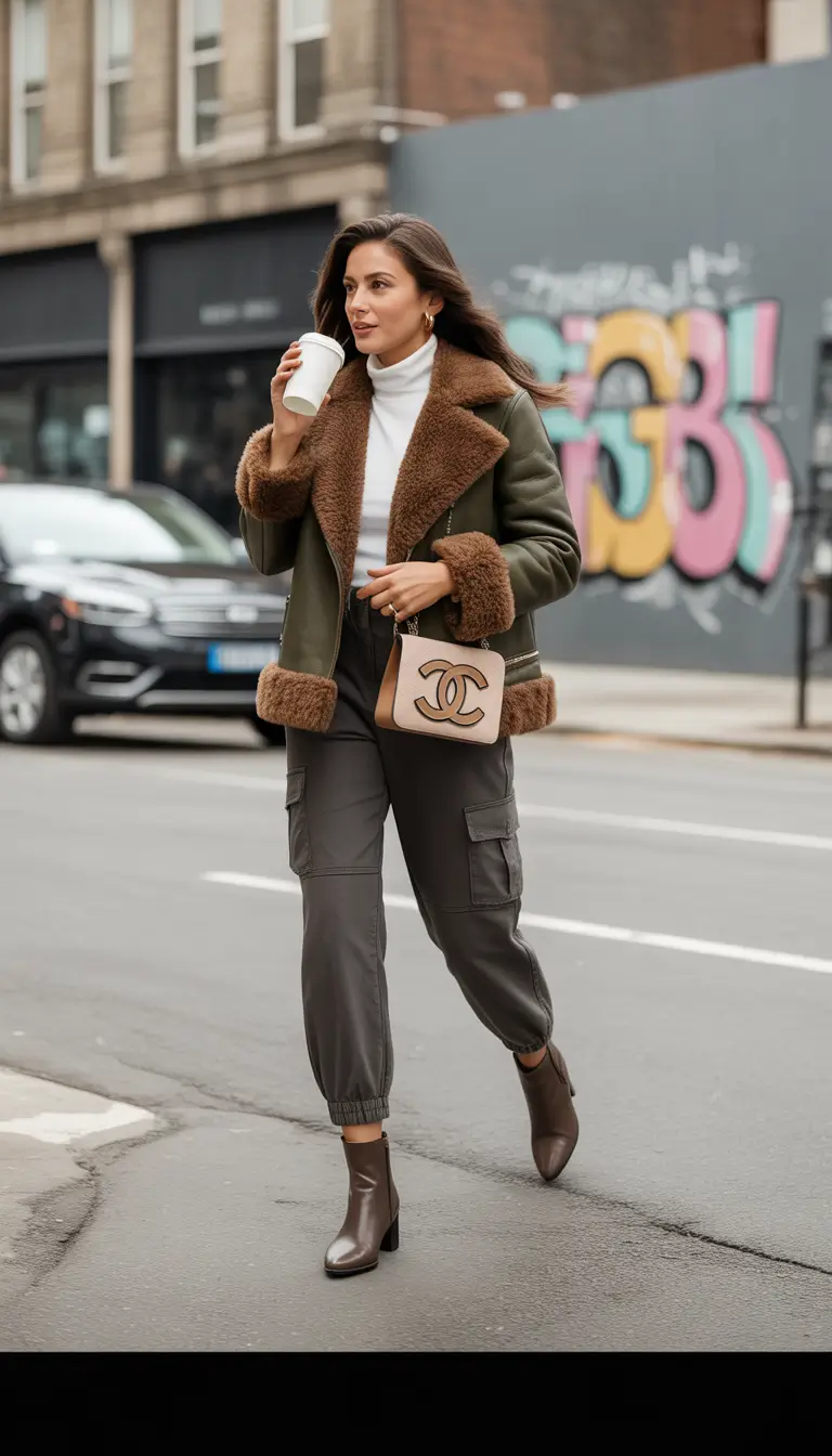 trendy winter outfits Military Green and Brown Fusion