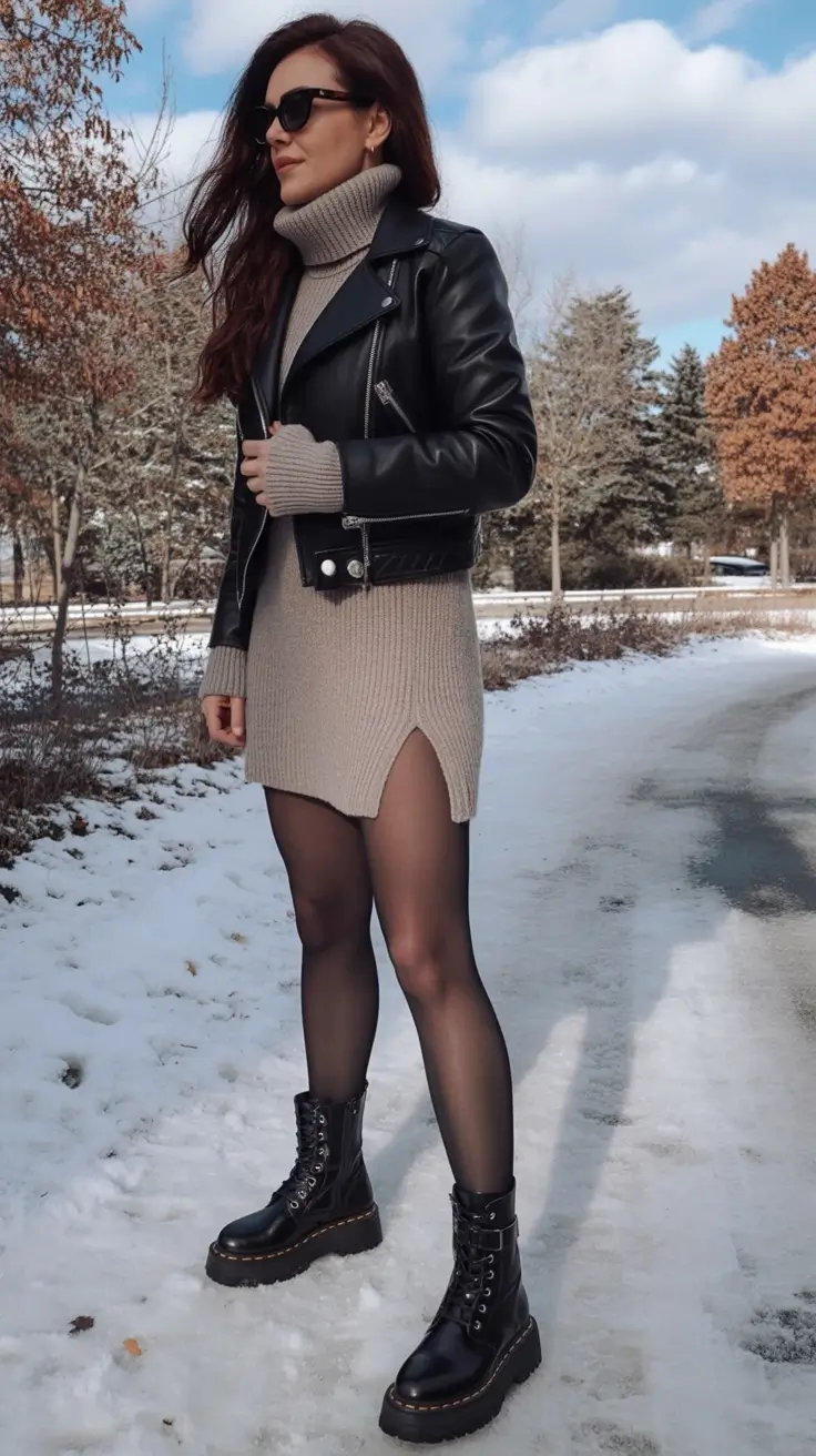 trendy winter outfits Leather Jacket and Knit Dress Power Combo