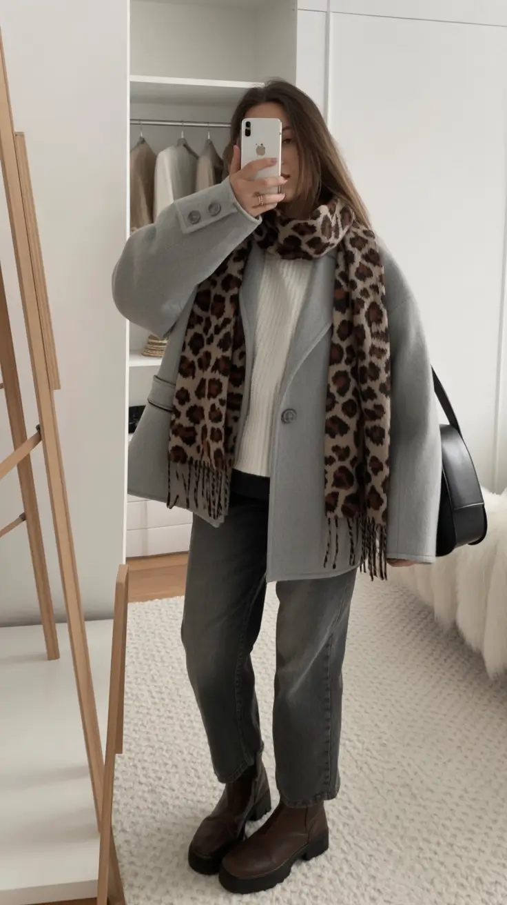 trendy winter outfits Leopard Scarf City Layers