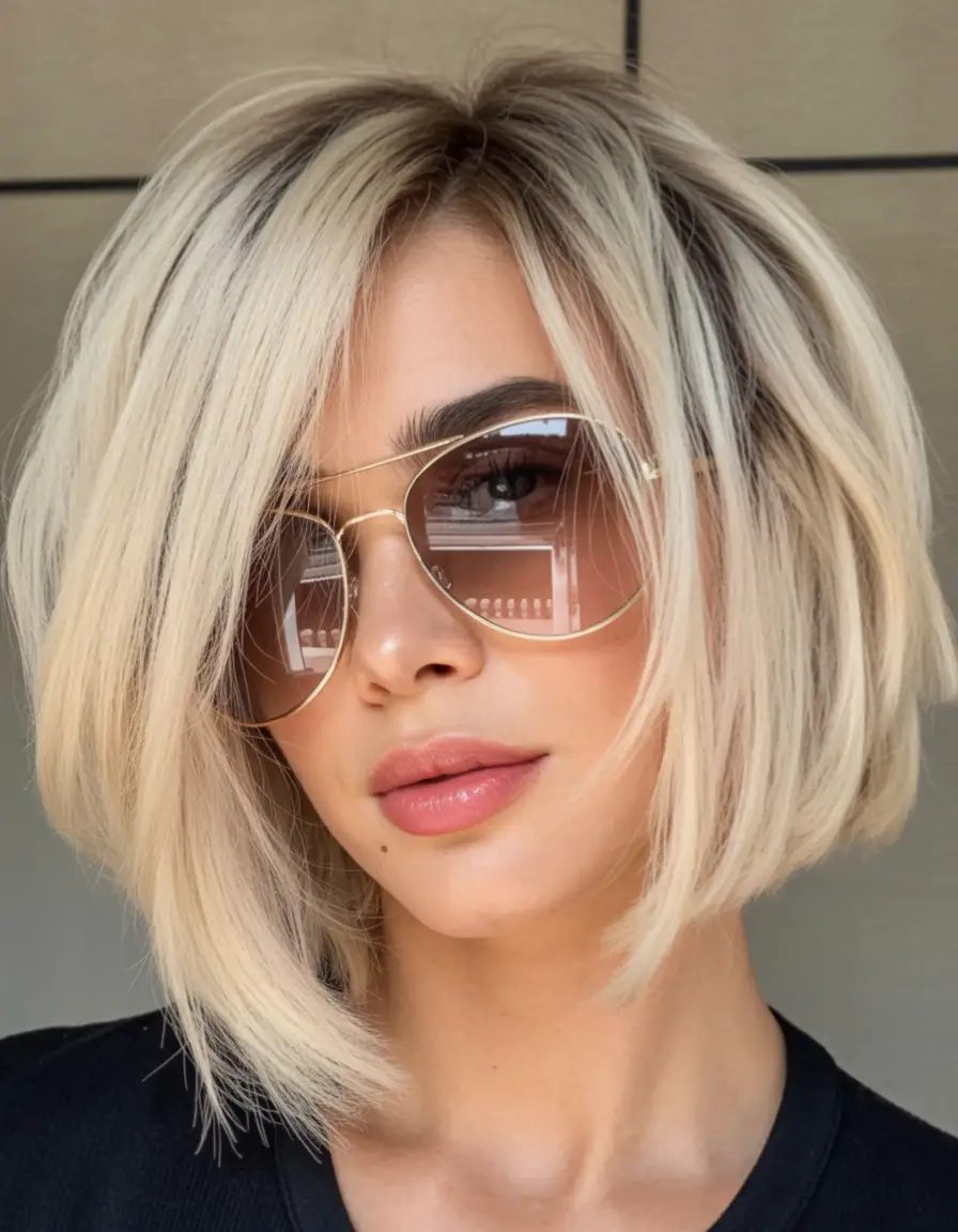 winter bob haircuts Layered Blonde Bob with Sunglasses Edge