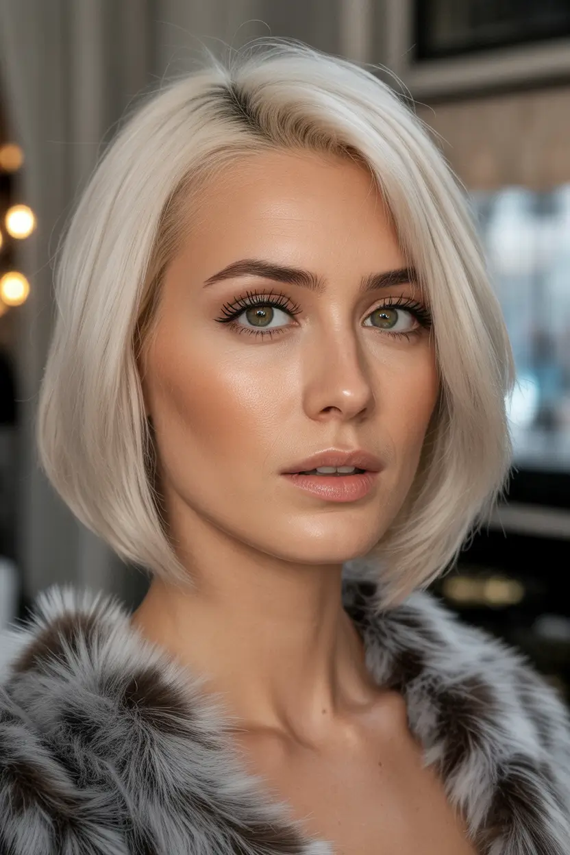 winter bob haircuts Platinum Sleek Bob with Fur Collar Glam