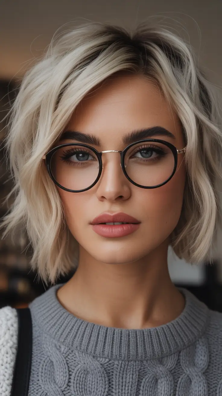 winter bob haircuts Textured Wavy Bob with Round Glasses