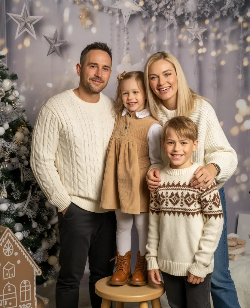 winter family photo outfits Warm Sweaters and Neutral Tones Indoors