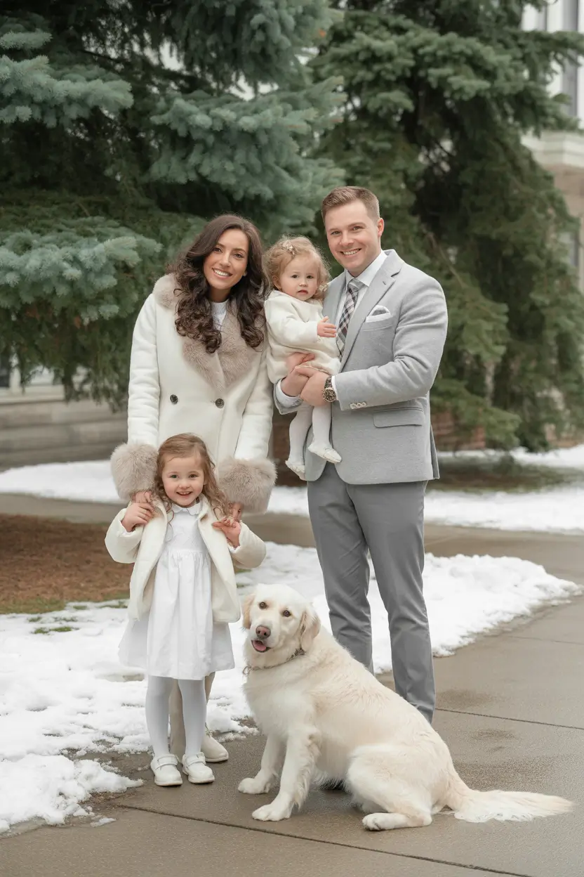 winter family photo outfits Snowy Elegance in White and Gray