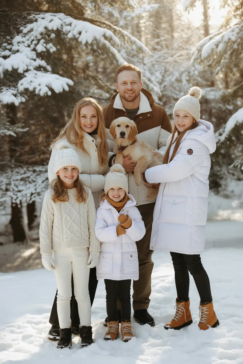 winter family photo outfits Ivory Knits in the Forest