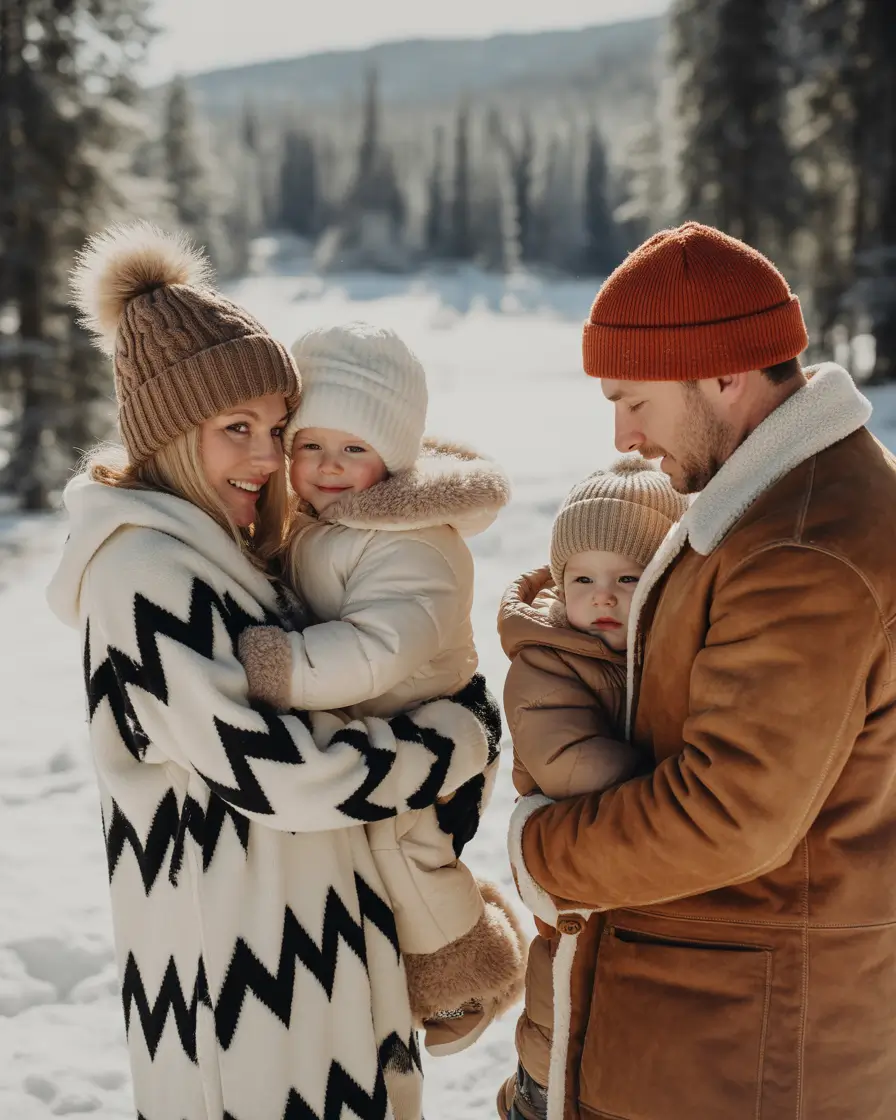 winter family photo outfits Earth Tones and Graphic Coats