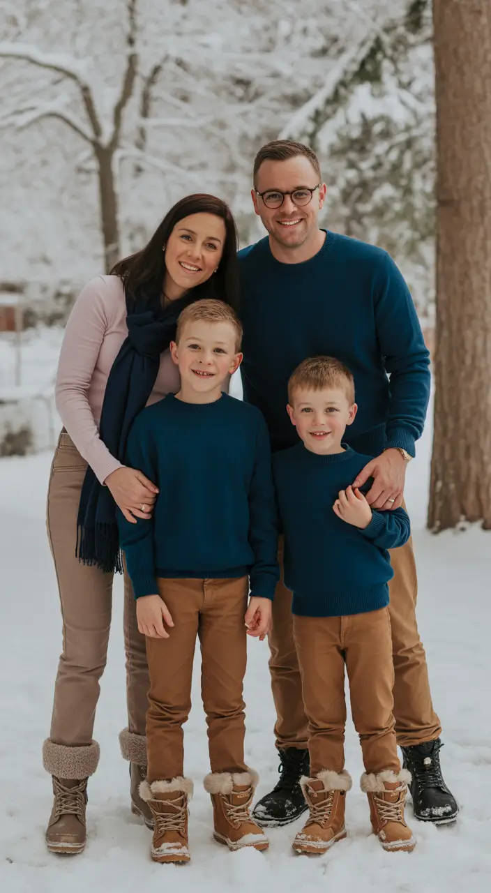 winter family photo outfits Blue and Brown Harmony