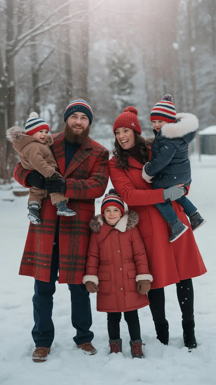 winter family photo outfits Red Coats and Holiday Cheer