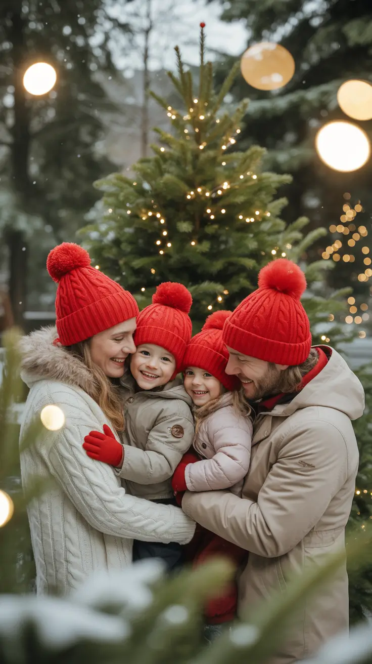 winter family photo outfits Festive Reds Under the Tree