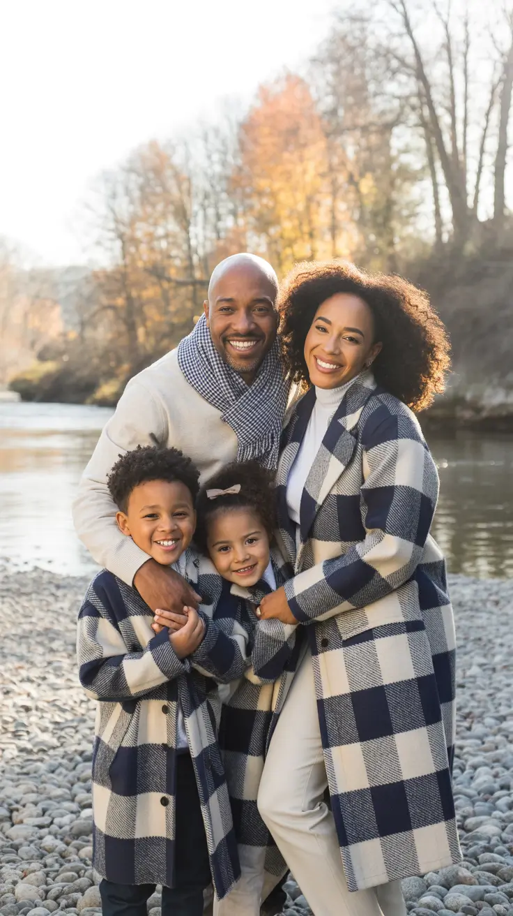 winter family photo outfits Checks and Riverbank Blues