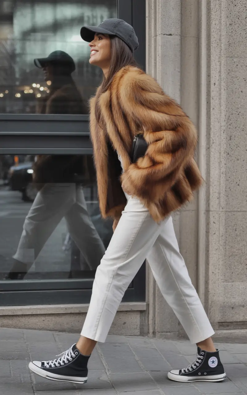 winter fashion inspo Fur Luxe with Everyday Sneakers