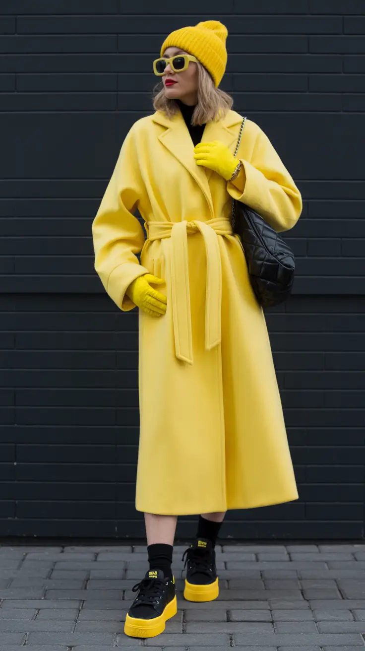 winter fashion inspo Bold in Yellow - Sunshine Against Winter Skies