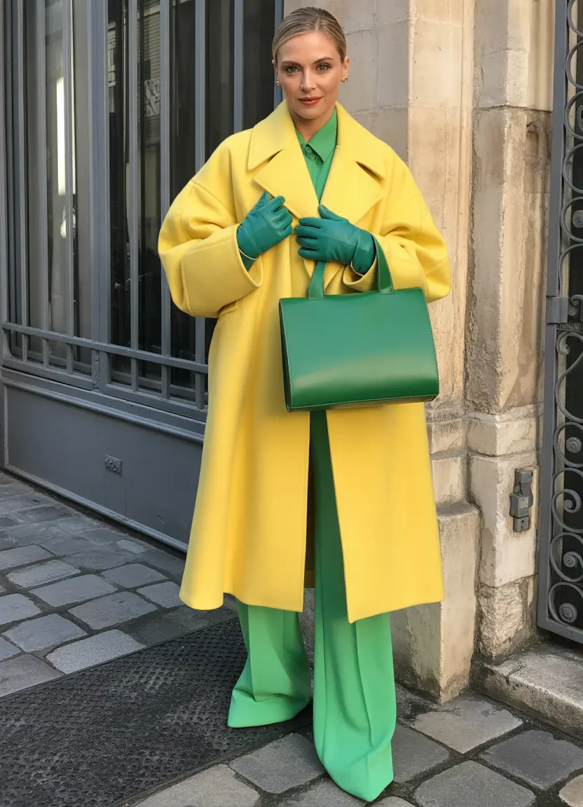winter fashion inspo Vibrant Color Clash: Yellow Meets Green