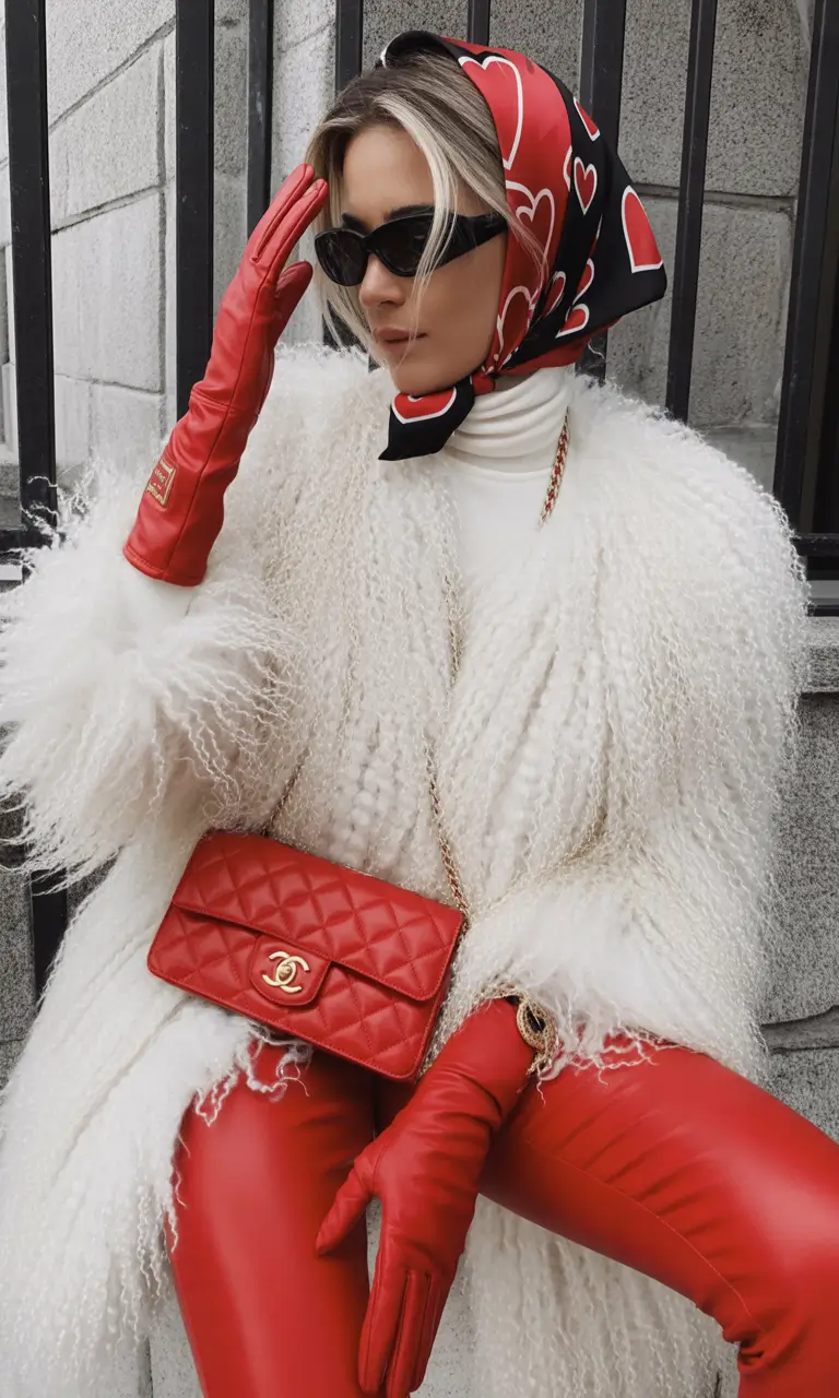 winter fashion inspo Red Accents on Snowy Textures