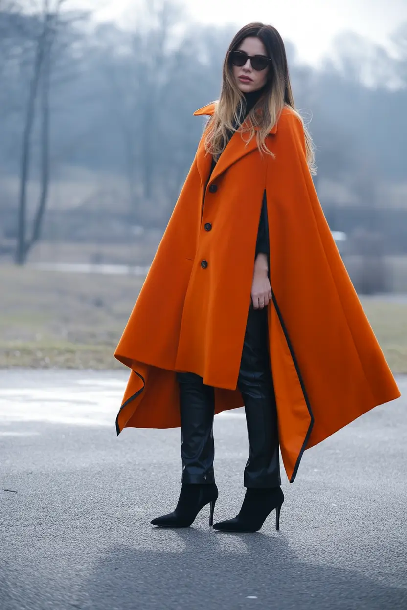 winter fashion inspo Orange Cape Drama for the Bold Heart