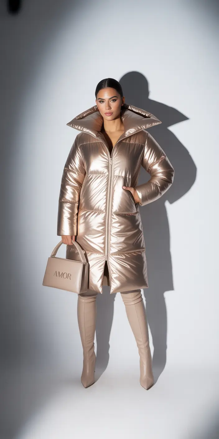 winter fashion inspo Metallic Puff Coat with Futuristic Flair