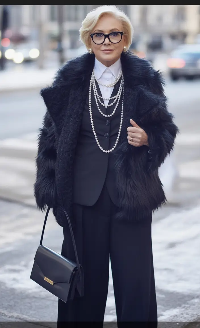 winter fashion outfits Black Elegance with Pearl Layers