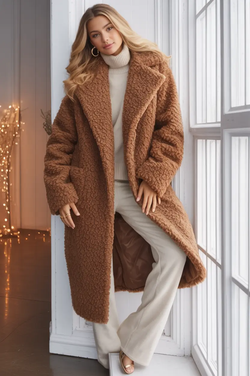 winter fashion outfits Camel Teddy Coat with Winter Glow