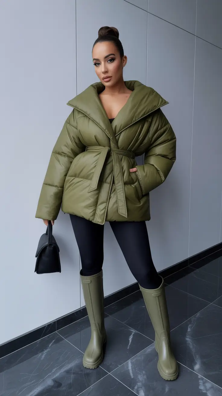 winter fashion outfits Olive Puffer with Rain-Ready Energy