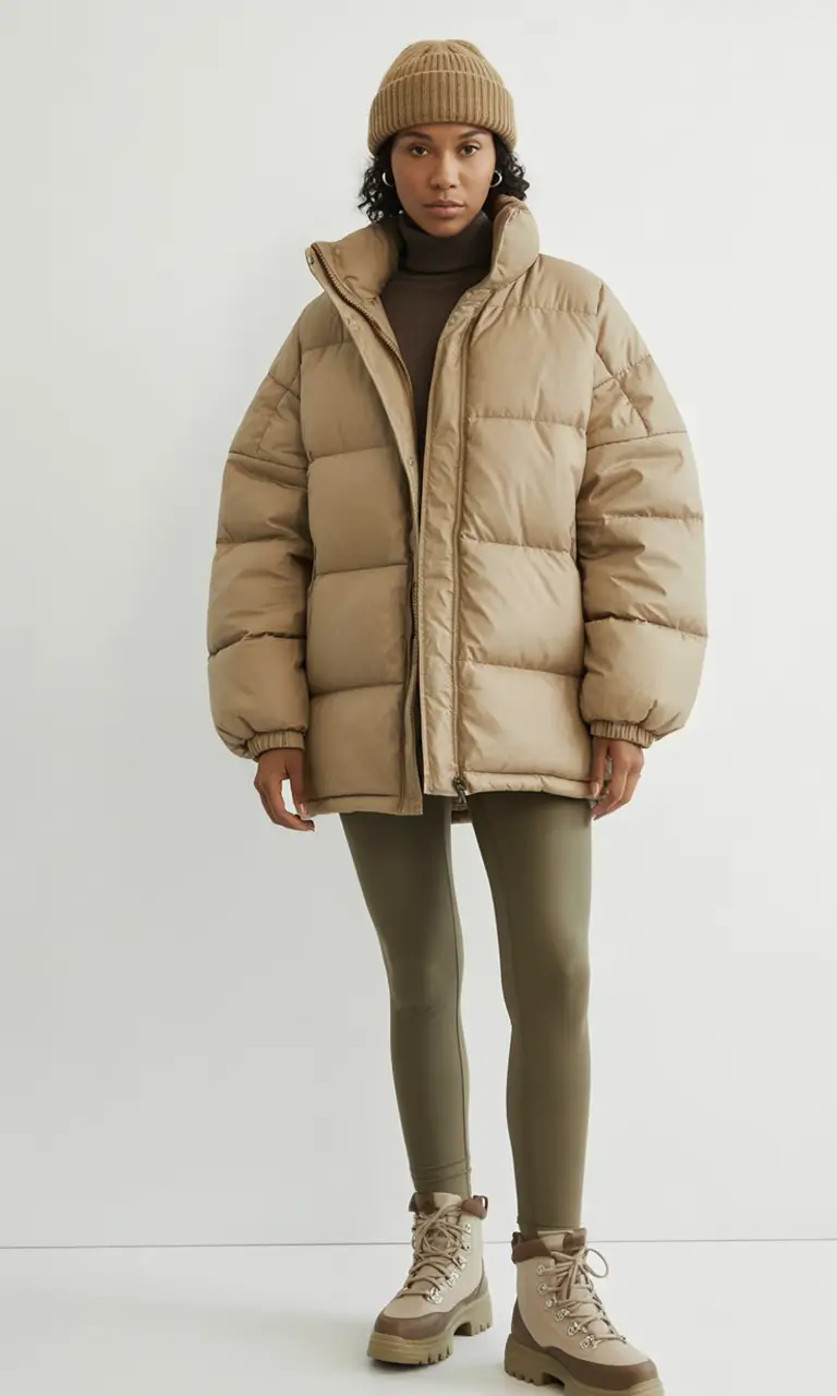 winter fashion outfits Sand-Toned Puffer with Utility Edge