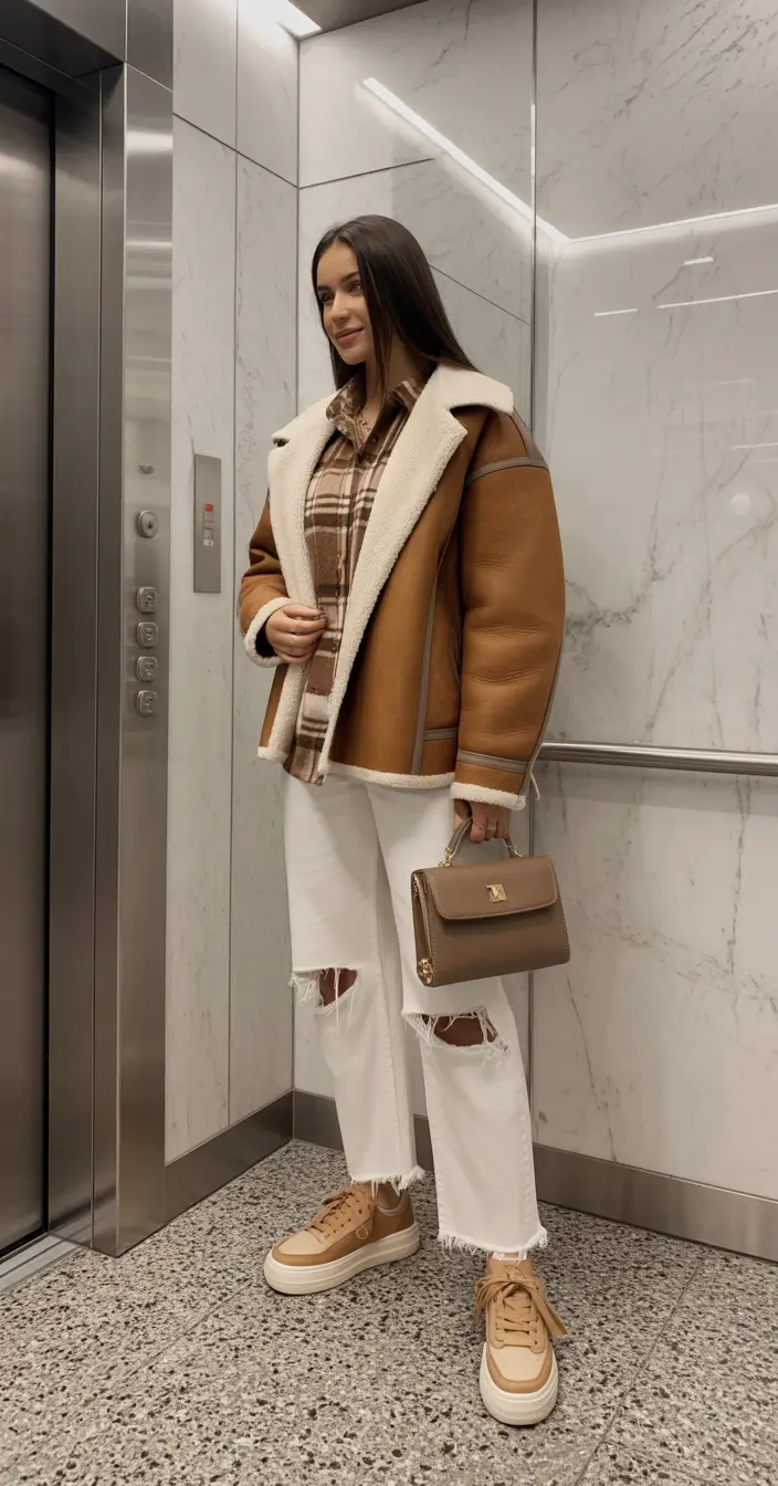 winter fashion outfits Shearling Jacket with Playful Plaid