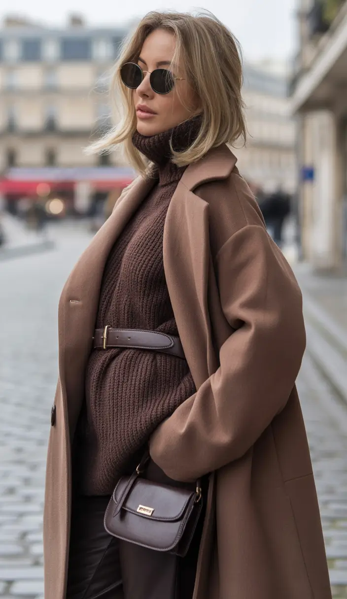 winter fashion outfits Brown Monochrome with Belted Knit