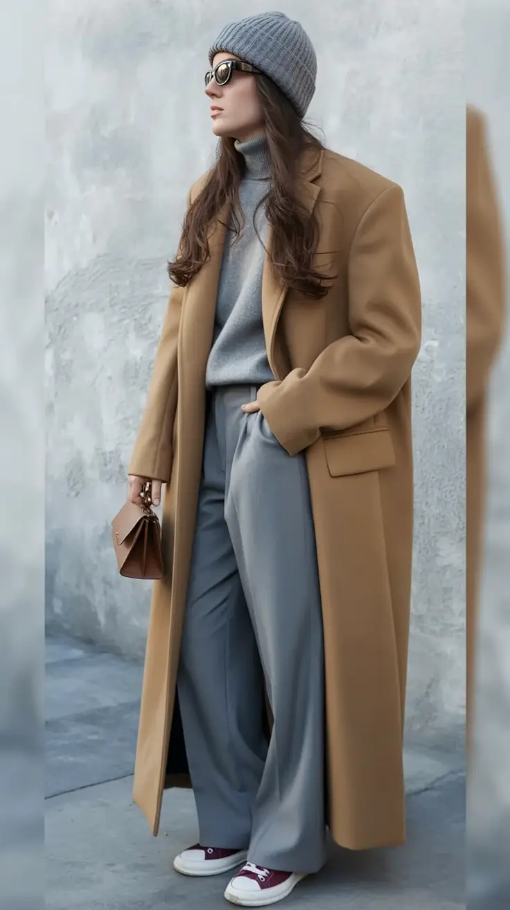 winter fashion outfits Camel and Grey with Sporty Finish