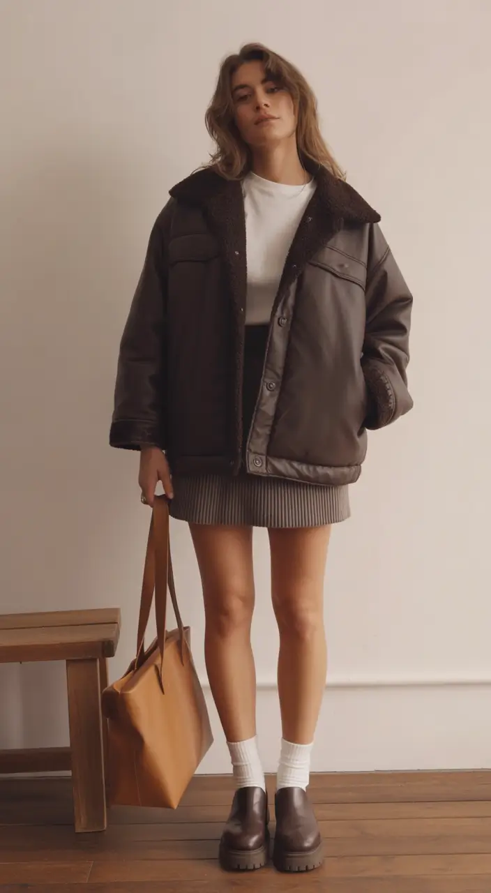 winter fashion outfits Oversized Leather with Mini Skirt Playfulness