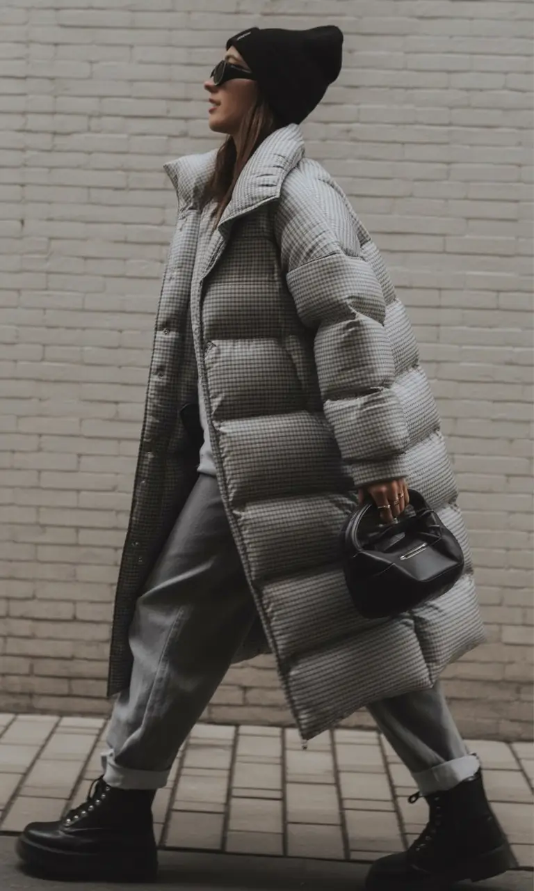 winter fashion outfits Grey Check Maxi Puffer with Street Energy