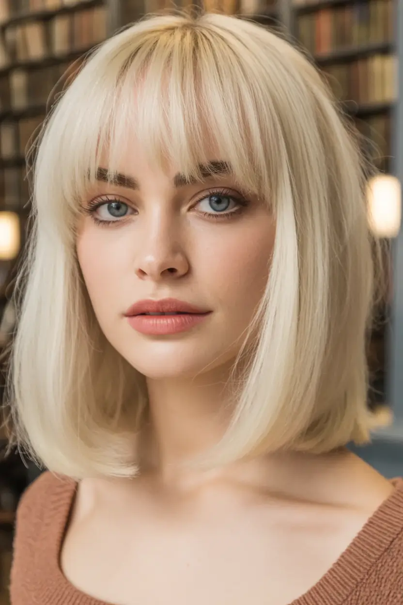 winter hair colors for blondes Chic Cream Blonde Bob with Blunt Bangs