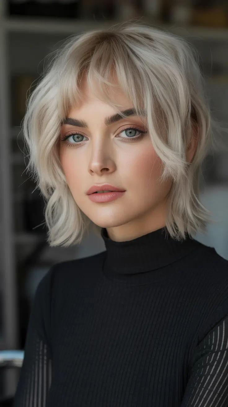 winter hair colors for blondes Textured Ice Blonde Lob with Wispy Bangs