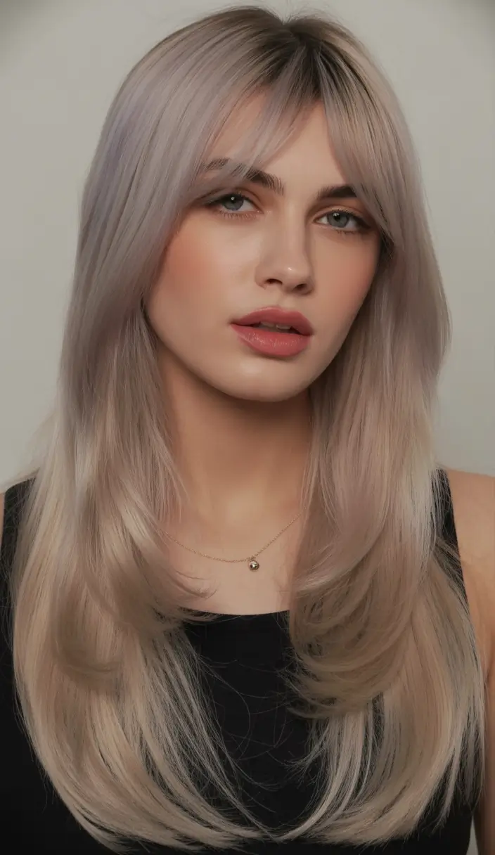 winter hair colors for blondes Champagne Blonde with Long Curtain Bangs